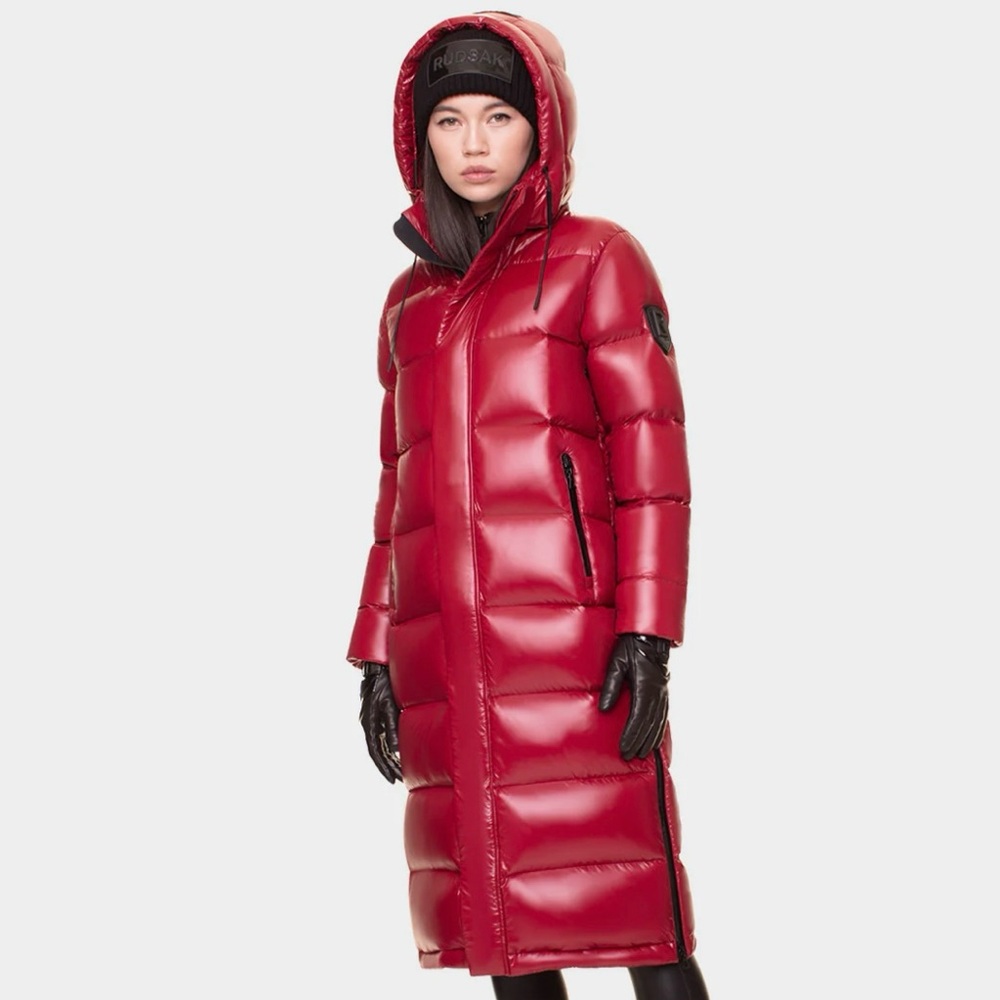 RUDSAK Glossy Long Down Puffer Coat in Sangria
